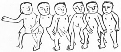 Chinese representation of pygmies going about arm-in-arm for mutual
protection (from Moseley's "Note by a Naturalist on H.M.S.
Challenger")