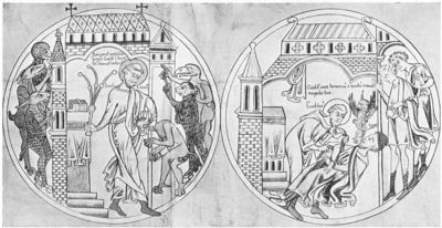 A scene from the Anglo-Saxon life of St. Guthlac by Felix of Crowland,
depicting the attack of the demons