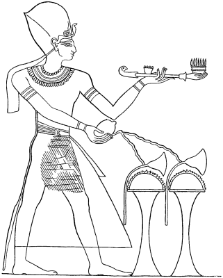 Fig. 1.—The conventional Egyptian representation of
the Burning of Incense and the Pouring of Libations (Period of the
New Empire)—after Lepsius