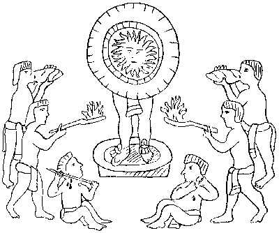 Fig. 6.—Representation of the ancient Mexican
Worship of the Sun. The image of the sun is held up by a man in front of his face; two men
blow conch-shell trumpets; another pair burn incense; and a third pair
make blood-offerings by piercing their ears—after Zelia Nuttall.