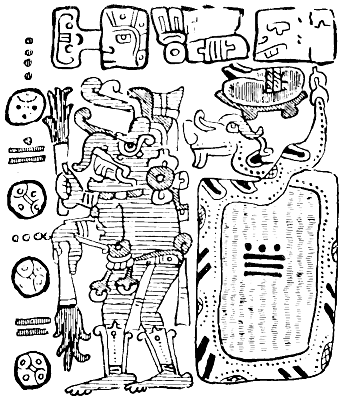 Fig. 12.—Another representation of the
Elephant-headed Rain god. He is holding thunderbolts, conventionalised
in a hand-like form. The Serpent is converted into a sac, holding up the
rain-waters.