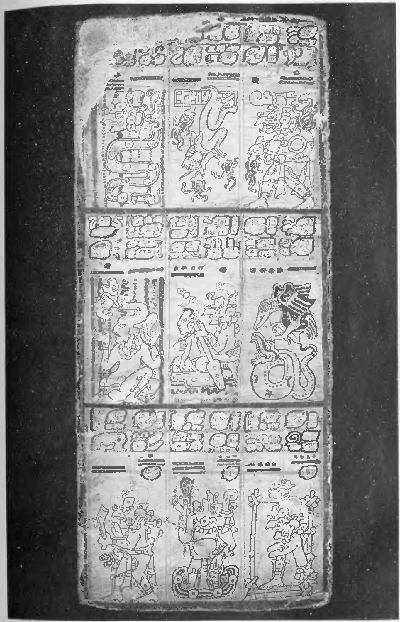 Fig. 13.
A photographic reproduction of the 36th page of the Dresden Maya Codex.
Of the three pictures in the top row one represents the elephant-headed
god Chac with a snake's body. He is pouring out rain. The central
picture represents the lightning animal carrying fire down from heaven
to earth. On the right Chac is shown in human guise carrying
thunder-weapons in the form of burning torches.
In the second row a goddess sits in the rain: her head is prolonged into
that of a bird, holding a fish in its beak. The central picture shows
Chac in his boat ferrying a woman across the water from the East. The
third illustration depicts the familiar conflict between the vulture and
serpent. In the third row Chac is seen with his axe: in the central picture he
is standing in the water looking up towards a rain-cloud; and on the
right he is shown sitting in a hut resting from his labours.