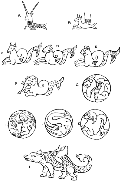 Fig. 14. A. The so-called "sea-goat" of Babylonia, a creature compounded of the
antelope and fish of Ea. B. The "sea-goat" as the vehicle of Ea or Marduk. C to K—a series of varieties of the makara from the Buddhist Rails at
Buddha Gaya and Mathura, circa 70 b.c.-70 a.d., after
Cunningham ("Archæological Survey of India," Vol. III, 1873, Plates IX
and XXIX). L. The makara as the vehicle of Varuna, after Sir George Birdwood. It
is not difficult to understand how, in the course of the easterly
diffusion of culture, such a picture should develop into the Chinese
Dragon or the American Elephant-headed God.