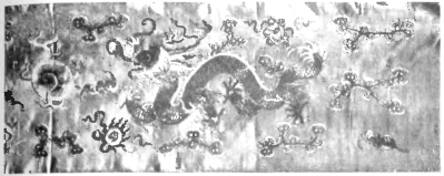 Fig. 15.—Photograph of a Chinese Embroidery in the
Manchester School of Art representing the Dragon and the Pearl-Moon
Symbol.