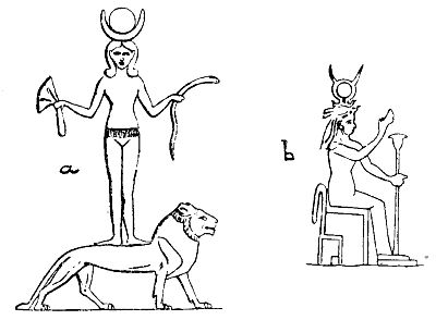 Fig. 4.—Two representations of Astarte
(Qetesh).
(a) The mother-goddess standing upon a lioness (which is her Sekhet
form): she is wearing her girdle, and upon her head is the moon and the
cow's horns, conventionalized so as to simulate the crescent moon. Her
hair is represented in the conventional form which is sometimes used as
Hathor's symbol. In her hands are the serpent and the lotus, which again
are merely forms of the goddess herself.
(b) Another picture of Astarte (from Roscher's "Lexikon") holding the
papyrus sceptre which at times is regarded as an animate form of the
mother-goddess herself and as such a thunder weapon.