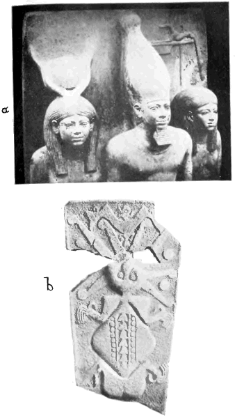 Fig. 21.—(a) A slate triad found by
Professor G. A. Reisner in the temple of the Third Pyramid at Giza. It
shows the Pharaoh Mycerinus supported on his right side by the goddess
Hathor, represented as a woman with the moon and the cow's horns upon
her head, and on the left side by a nome goddess, bearing upon her head
the jackal-symbol of her nome.
(b) The Ecuador Aphrodite. Bas-relief from Cerro Jaboncillo (after
Saville, "Antiquities of Manabi, Ecuador," Preliminary Report, 1907,
Plate XXXVIII).
A grotesque composite monster intended to represent a woman (compare
Saville's Plates XXXV, XXXVI, and XXXIX), whose head is a
conventionalized Octopus, whose body is a Loligo, and whose limbs are
human.