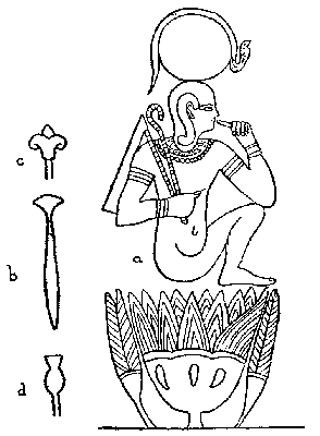 Fig. 7.
(a) An Egyptian design representing the sun-god Horus emerging from a
lotus, representing his mother Hathor (Isis).
(b) Papyrus sceptre often carried by goddesses and animistically
identified with them either as an instrument of life-giving or
destruction.
(c) Conventionalized lily—the prototype of the trident and the
thunder-weapon.
(d) A water-plant associated with the Nile-gods.