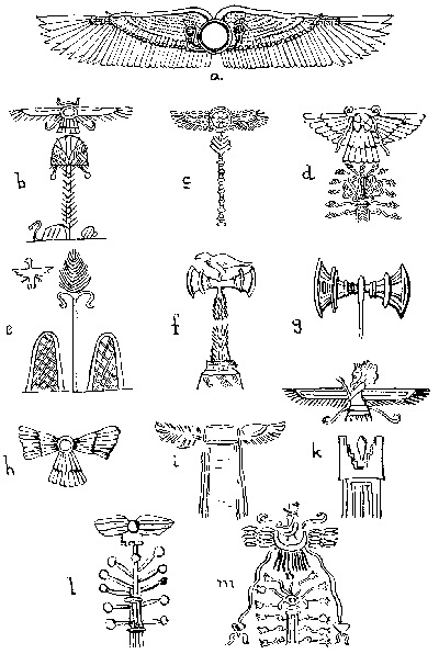 Fig. 25.
(a) Winged Disk from the Temple of Thothmes I.
(b) Persian design of Winged Disk above the Tree of Life (Ward, "Seal
Cylinders of Western Asia," Fig. 1109).
(c) Assyrian or Syro-Hittite design of the Winged Disk and Tree of
Life in an extremely conventionalized form (Ward, Fig. 1310).
(d) Assyrian conventionalized Winged Disk and Tree of Life, from the
design upon the dress of Assurnazipal (Ward, Fig. 670).
(e) Part of the design from a tablet of the time of Dungi (Ward, Fig.
663). The Tree of Life (or the Great Mother) between the two mountains:
alongside the tree is the heraldic eagle.
(f) Design on a Cretan sarcophagus from Hagia Triada (Blinkenberg,
Fig. 9). The Tree of Life has now become the handle of the Double Axe,
into which the Winged Disk has been transformed. But the bird which was
the prototype of the Winged Disk has been added.
(g) Double axe from a gold signet from Acropolis Treasure, Mycenæ
(after Sir Arthur Evans, "Mycenæan Tree and Pillar Cult," p. 10).
(h) Assyrian Winged Disk (Ward, Fig. 608) showing reduplication of the
wing-pattern, possibly suggesting the doubling of each axe-blade in g.
(i) "Primitive Chaldean Winged Gate" (Ward, Fig. 349). The Gate as the
Goddess of the Portal.
(k) Persian Winged Disk (Ward, Fig. 1144) above a fire-altar in the
form suggestive of the mountains of dawn (compare Fig. 26, c).
(l) An Assyrian Tree of Life and Winged Disk crudely conventionalized
(Ward, Fig. 695).
(m) Assyrian Tree of Life and "Winged Disk" in which the god is riding
in a crescent replacing the Disk (Ward, Fig. 695).