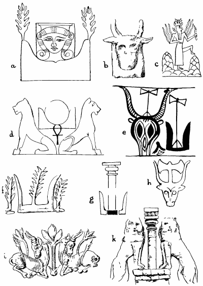Fig. 26.
(a) An Egyptian picture of Hathor between the mountains of the horizon
(on which trees are growing) (after Budge, "Gods of the Egyptians," Vol.
II, p. 101). [This is a part only of a scene in which the goddess Nut is
giving birth to the sun, whose rays illuminate Hathor on the horizon, as
Sothis, the "Opener of the Way" for the sun.
(b) The mountains of the horizon supporting a cow's head as a
surrogate of Hathor, from a stele found at Teima in Northern Arabia, now
in the Louvre (after Sir Arthur Evans, op. cit., p. 39). This
indicates the identity of what Evans calls "the horns of consecration"
and the "mountains of the horizon," and also suggests how confusion may
have arisen between the mountains and the cow's horns.
(c) The Mesopotamian sun-god Shamash rising between the Eastern
Mountains, the Gates of Dawn (Ward, op. cit., p. 373).
(d) The familiar Egyptian representation of the sun rising between the
Eastern Mountains (the splitting of the mountain giving birth to "the
ridiculous mouse"—Smintheus). The ankh (life-sign) below the sun is
the determinative of the act of giving birth or life. The design is
heraldically supported by the Great Mother's lionesses.
(e) Part of the design from a Mycenæan vase from Old Salamis (after
Evans, p. 9). The cow's head and the Eastern Mountains are shown
alongside one another, each of them supporting the Double Axe
representing the god.
(f) Part of the design from a lentoid gem from the Idæan Cave, now in
the Candia Museum (after Evans, Fig. 25). If this design be compared
with the Egyptian picture (a), it will be seen that Hathor's place is
taken by the tree-form of the Great Mother, and the trees which in the
former (a) are growing upon the Eastern Mountains are now placed
alongside the "horns". In the complete design (vide Evans, op. cit.,
p. 44) a votary is represented blowing a conch-shell trumpet to animate
the deity in the sacred tree.
(g) The Eastern Mountains supporting the pillar-form of the goddess
(after Evans, Fig. 66).
(h) Another Mycenæan design comparable with (e).
(i) Design from a signet-ring from Mycenæ (after Evans, Fig. 34). If
this be compared with the Egyptian picture (a) it will be noted that
the Great Mother is now replaced by a tree: the Eastern Mountains by
bulls, from whose backs the trees of the Eastern Mountains are
sprouting. This design affords interesting corroboration of the
suggestion that the Eastern Mountains may be confused with the cow's
head (see b and c) or with the cow itself. Newberry (Annals of
Archæology and Anthropology, Liverpool, Vol. I, p. 28) has called
attention to the intimate association (in Protodynastic Egypt) of the
Eastern Mountains, the Bull and the Double Axe—a certain token of
cultural contact with Crete.
(k) The famous sculpture above the Lion Gate at Mycenæ. The pillar
form of the Great Mother heraldically supported by her lioness-avatars,
which correspond to the cattle of the design (i) and the Eastern
Mountains of (a). The use of this design above the lintel of the gate
brings it into homology with the Winged Disk. The Pillar represents the
Goddess, as the Disk represents her Egyptian locum tenens, Horus; her
destructive representatives (the lionesses) correspond to the two uræi
of the Winged Disk design.