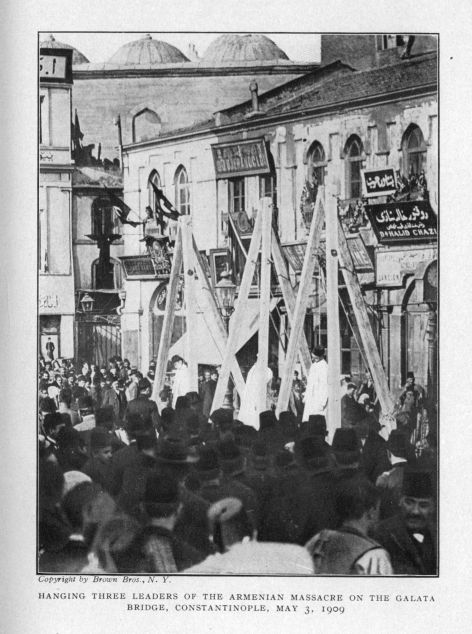 HANGING THREE LEADERS OF THE ARMENIAN MASSACRE ON THE GALATA BRIDGE, CONSTANTINOPLE, MAY 3, 1909