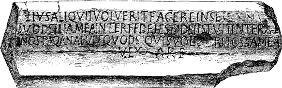 Inscription found near the Porta del Popolo, 1877.