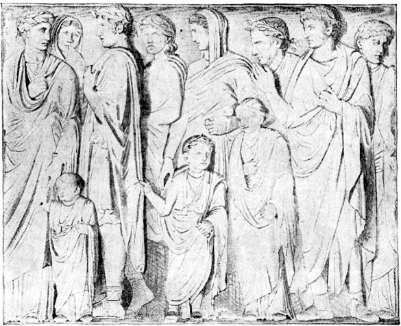 The family of Augustus. Relief from the Ara Pacis, in the Gallery of the Uffizi, Florence.
