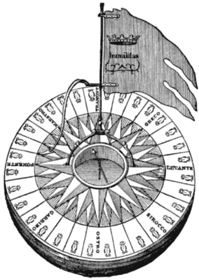 A compass with a flag above bearing a crown device and the word “humilitas”