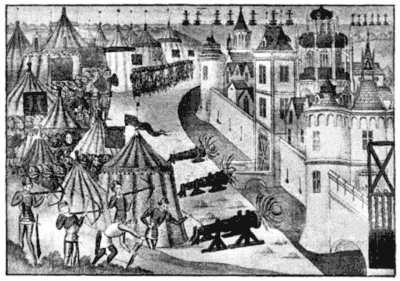 An encampment of soldiers surrounds a castle.
