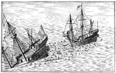 One ship is sinking, and small figures are seen in the sea, swimming towards the other ship.