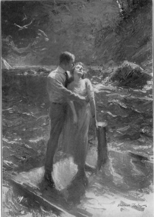 "HOLDING THE GIRL IN CLINGING WHITE CLOSE TO HIM"