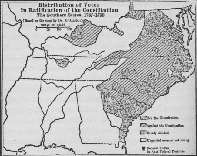 Distribution of Votes in Ratification of the Constitution,
The Southern States, 1787-1790 (Based on the map by Dr. O. G. Libby)