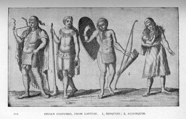 Indian costumes, from Lafitau.  1. Iroquois; 2. Algonquin.