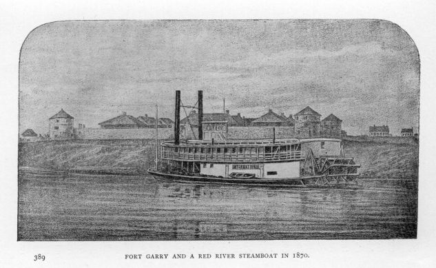 Fort Garry and a Red River steamboat in 1870.