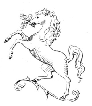 rearing white horse with branch of three oak leaves in his mouth
