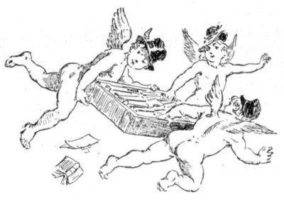 three naked cherubs sporting elegant hats flying off with a full bookcase