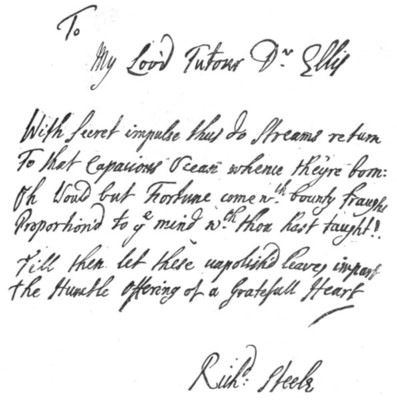 handwritten verses by Richard Steele addressed to Dr. Ellis