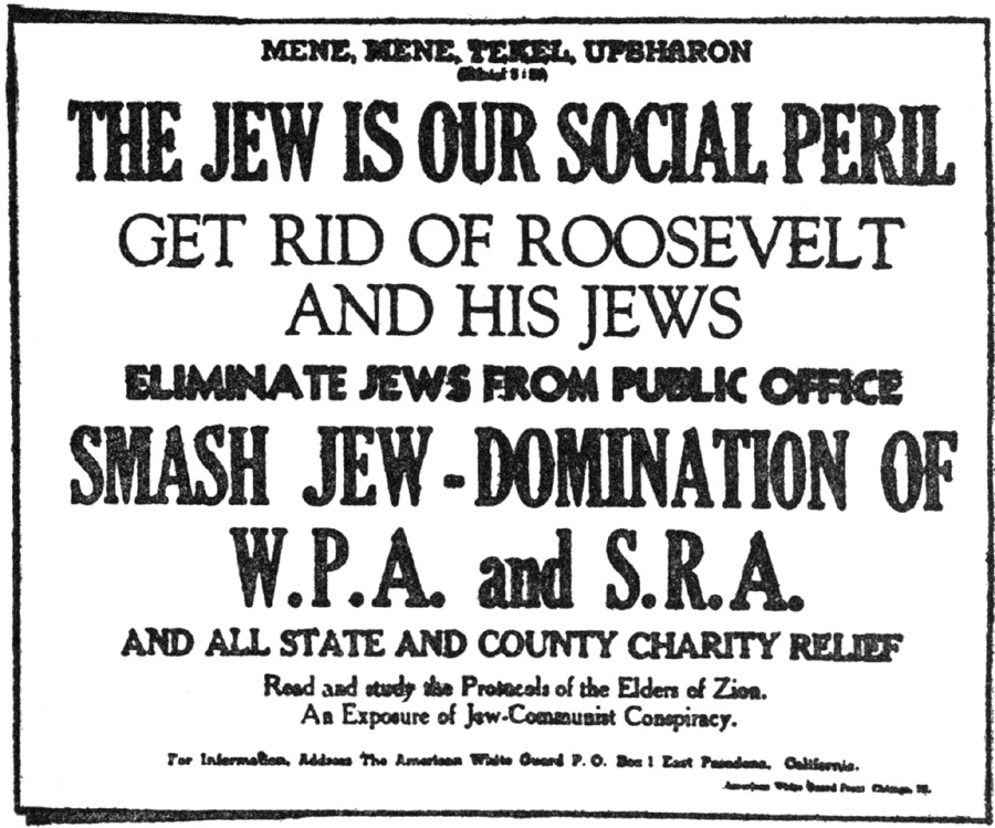 Anti-Semitic anti-Roosevelt handbill issued by the American White Guard in California.
