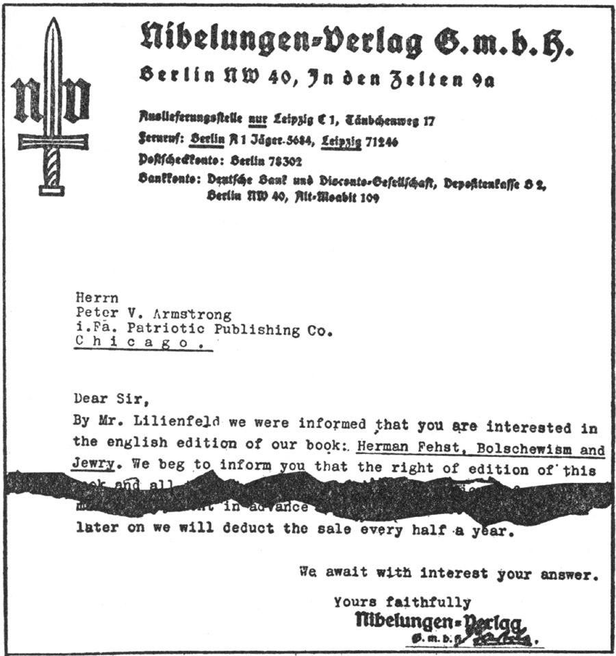 Letter showing contact between Peter V. Armstrong and German publishers of anti-Semitic literature.