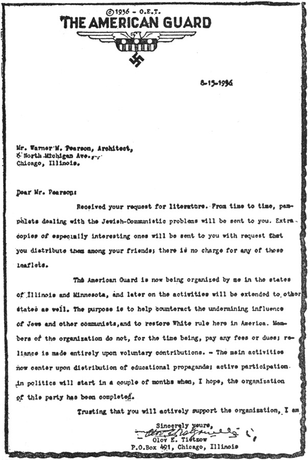 Letter by Olov E. Tietzow, showing typical methods of American fascists.
