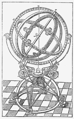 TYCHO'S EQUATORIAL ARMILLARY.
(The meridian circle, E B C A D, made of solid steel,
is nearly 6 ft. in diameter.)