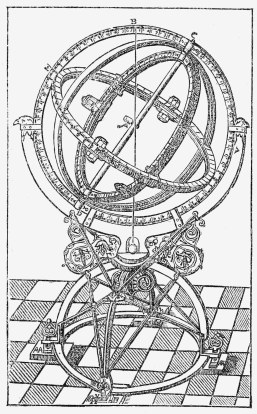 TYCHO'S EQUATORIAL ARMILLARY.
(The meridian circle, E B C A D, made of solid steel,
is nearly 6 ft. in diameter.)
