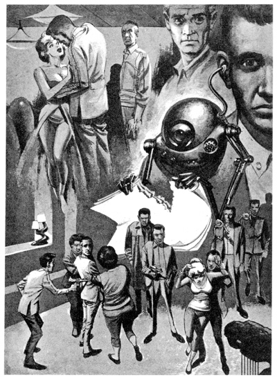 A montage: A fellow holding a gun on a man; a man and a woman nearly kissing; a one-eyed robot tearing up paper.