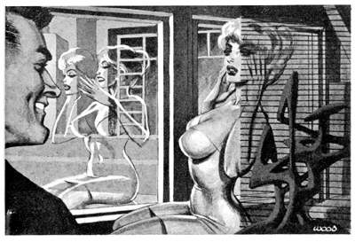 A rather sexy drawing of a well-endowed woman in a tight-fitting dress putting on a face-shaped mask while a man looks on.