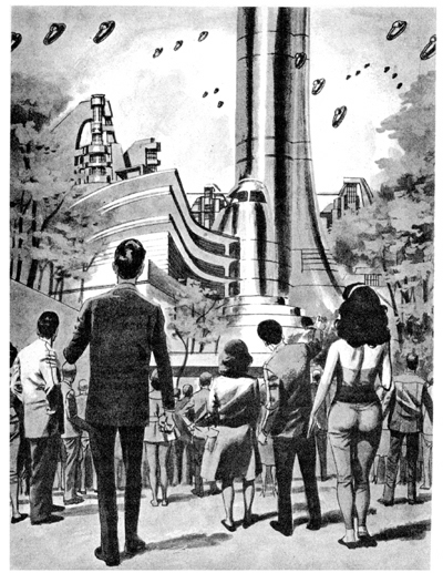 A group of people look at a tower in the distance that has small objects flying around it.