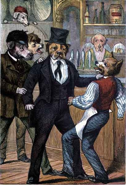 Mr. Bull Dog acosting a bartender.
