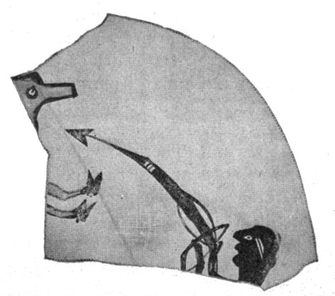 Fig. 263—War god shooting an animal. (Fragment
of food bowl.)