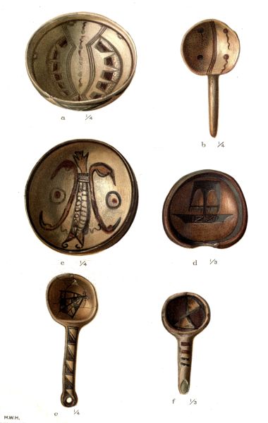 PL. CXXXIII—
BOWLS AND DIPPERS WITH FIGURES OF TADPOLES, BIRDS, ETC. FROM SIKYATKI