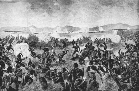 THE BATTLE OF ULUNDI—FINAL RUSH OF THE ZULUS. THE BRITISH SQUARE IN THE DISTANCE.