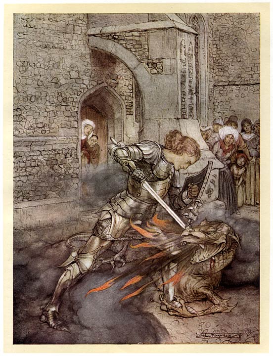 Lanceloet strijdt op het slot Corbin tegen een vuurspuwenden draak.