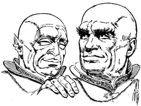 A drawing of two men's faces. looking at each other.