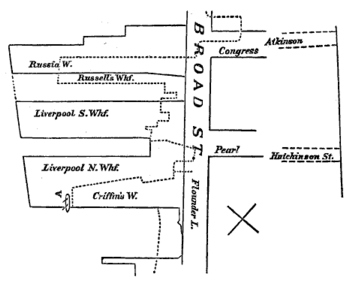 LOCATION OF GRIFFIN'S (NOW LIVERPOOL) WHARF, WHERE THE TEA-SHIPS LAY.