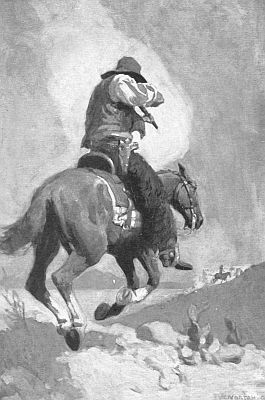 From a painting by John W. Norton
A TYPICAL WESTERN MAN HUNT Pat F. Garrett chasing Tom O'Folliard