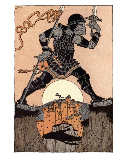 Round and round the Castle they went and the Giant with
his strength was wearing out Feet-in-the-Ashes.