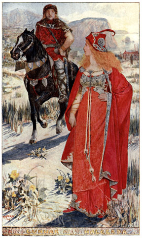 A man on horseback coming up behind a woman in red robes