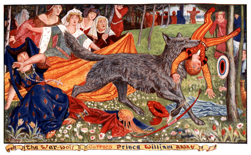 A boy being carried in the mouth of a wolf, with women looking on in horror