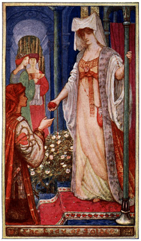 A gracious lady handing a ball of thread to a knight
