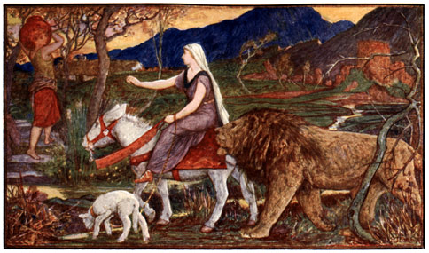 A woman mounted on a white donkey with a lion and lamb at her side are beside a stream with a boy with a water jug on the other side
