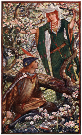 A woman leaning on a flowering fruit tree, looking down on the man seated on the ground in front of her