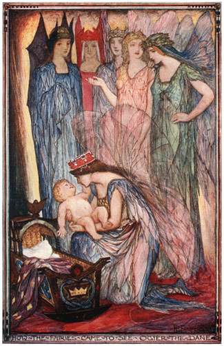 A group of fairies looking down on another fairy lifting a baby from his cradle