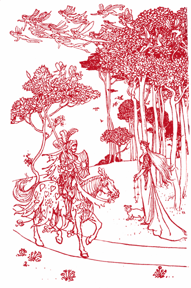 A knight on horseback passing a damsel under the trees, with fairies flying above